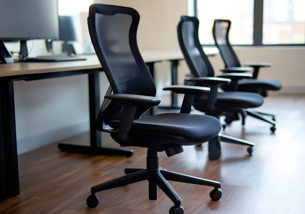 Row of empty modern black ergonomic office chairs with mesh backs, standing in an office space with wooden floor
