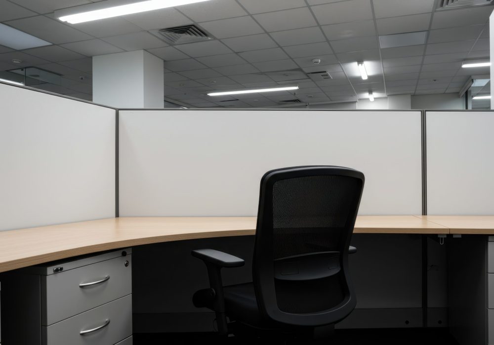 An empty office cubicle features a desk chair and partitions in a modern workspace